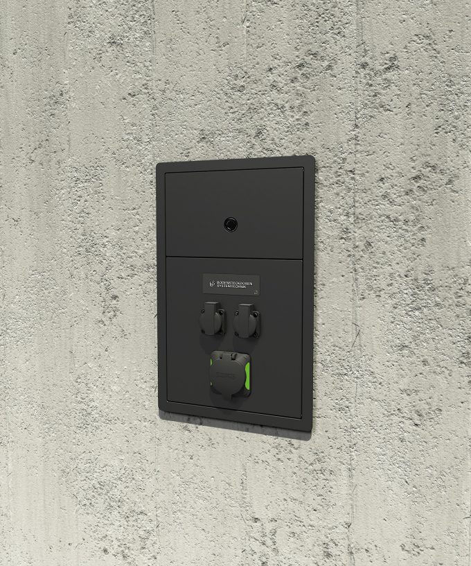wall charging station 5802A built in wall under plaster with one Charging socket and 2 Schuko sockets