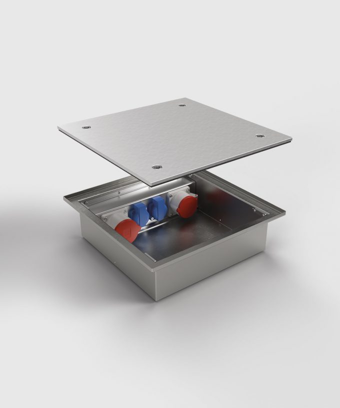 CEE-floor-box 6522A with CEE and Schuko socket lid raised