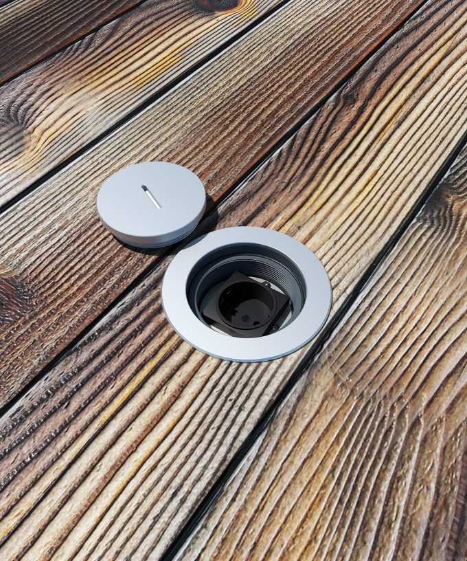 round floor-socket 7501A outdoor built in wooden planks lid opened