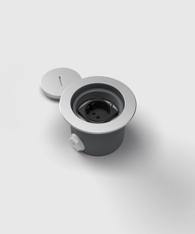 floor socket 7501A round design for outdoor use with one Schuko socket aluminum lid opened