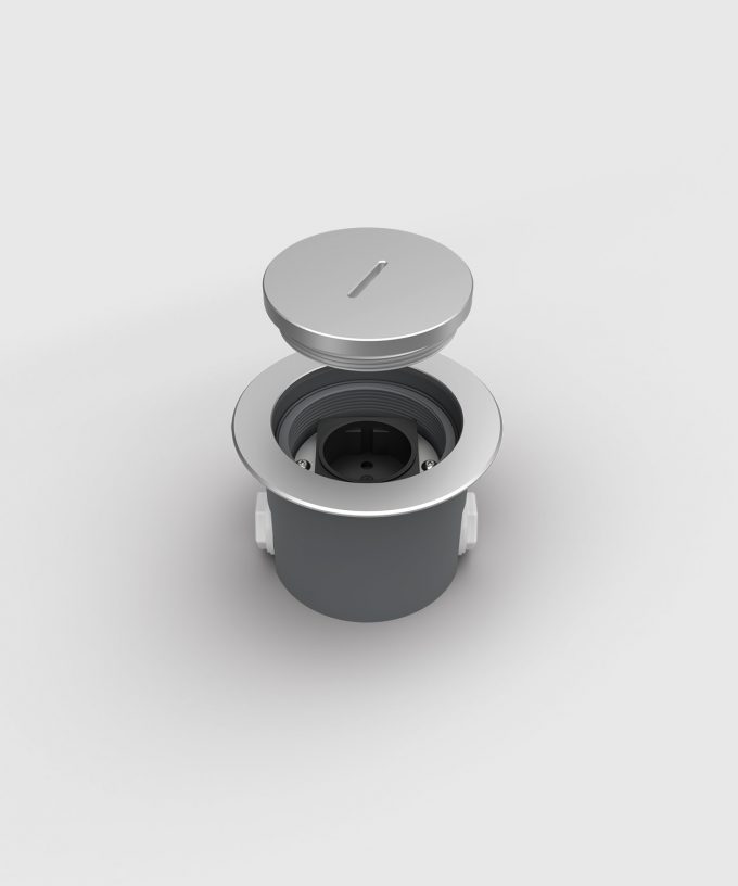 floor socket 7501A round design for outdoor use with one Schuko socket aluminum lid raised