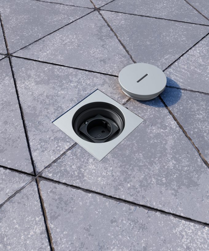 floor socket 7601A outdoors in the paving floor built in lid opened