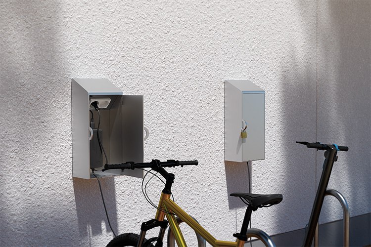 Wall distributor-charging station-ebike-pedelec-on-house-wall-750×500